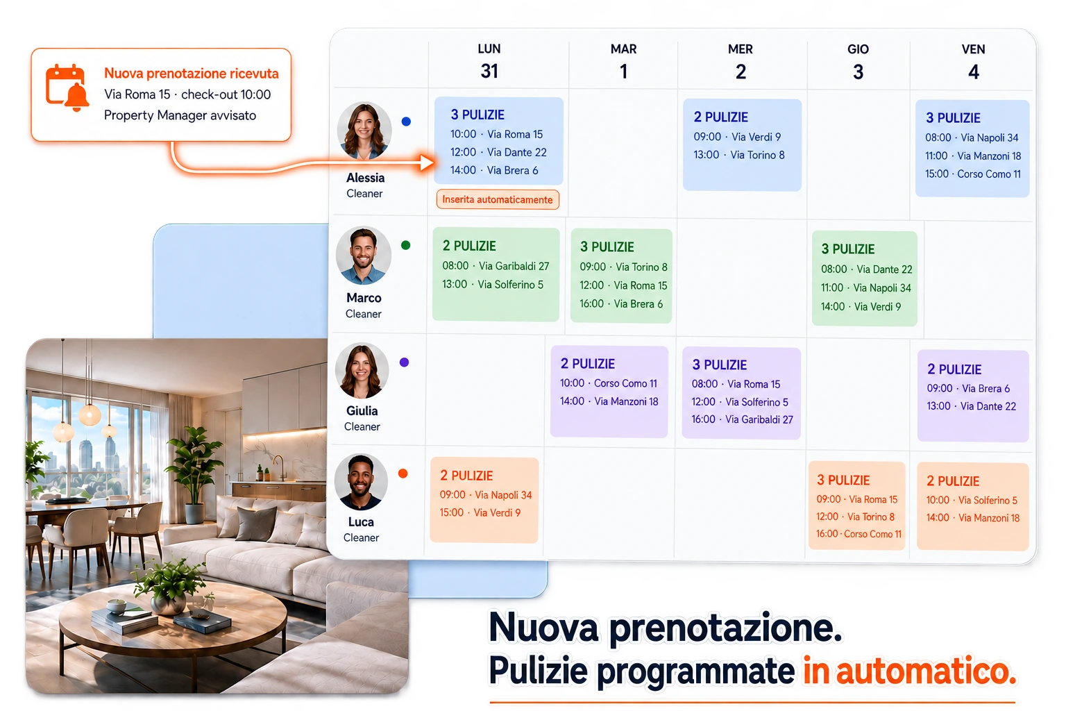 Calendario operativo Amanda con pulizie programmate automaticamente da una nuova prenotazione